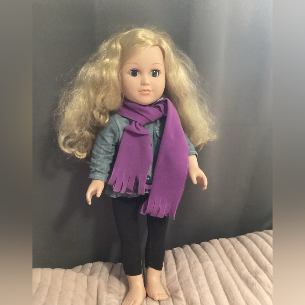 My Life, Blonde Hair, Blue Eyed Girl Doll, Purple, scarf Jean Jacket. 18in AS IS